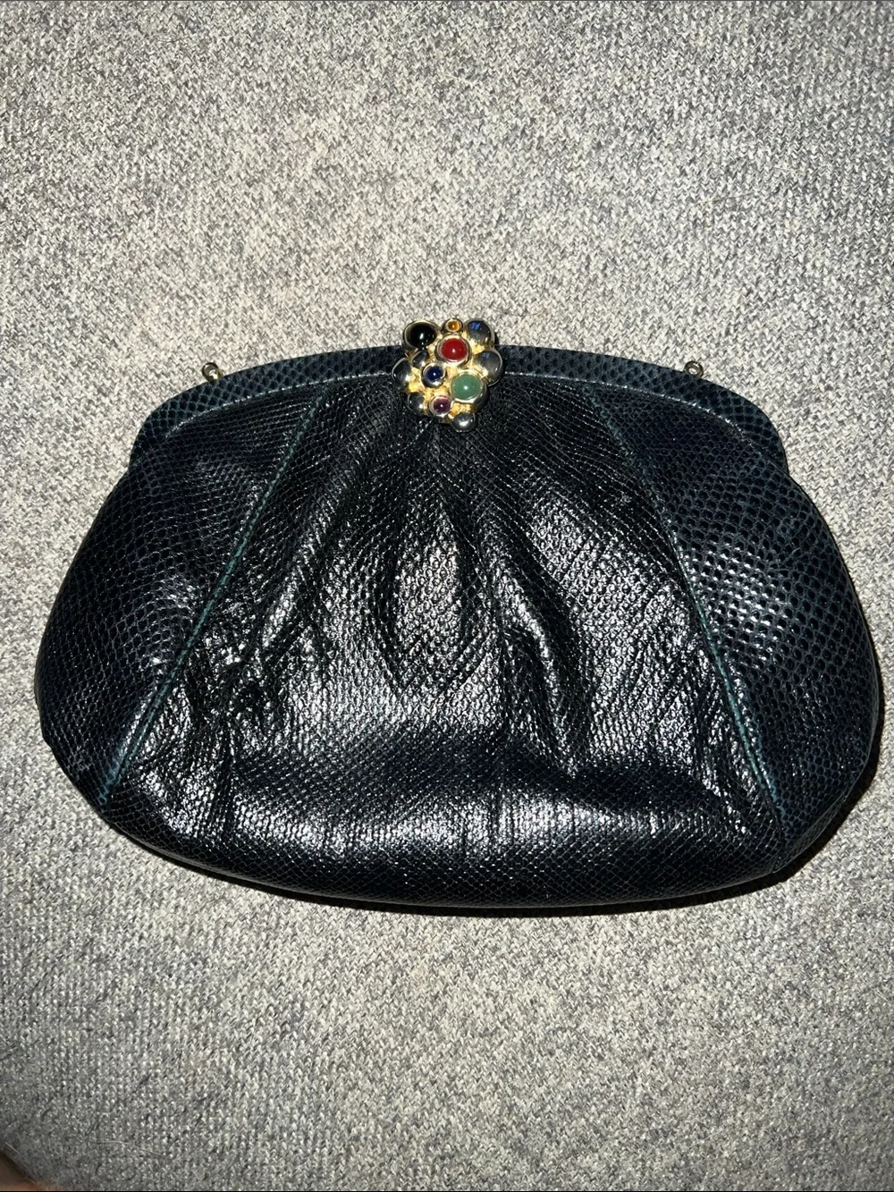Vintage Judith Lieber Black Lizard Clutch with Multistone Kiss-Lock GUC